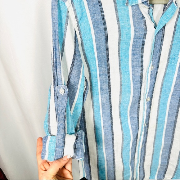 P. Langella Linen Button Down Italian Stripe Shirt Mediterranean Men’s M Blue - Picture 16 of 16